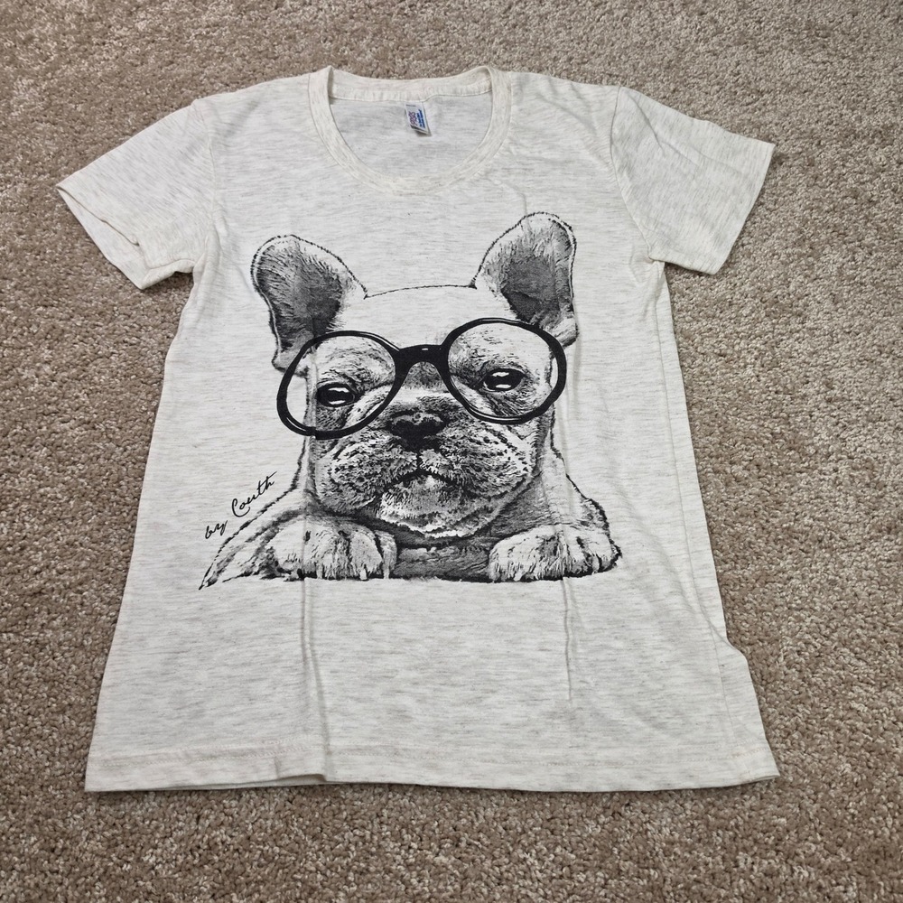 American Apparel T-Shirt French Bulldog Glasses Graphic Heathered Oatmeal Size M